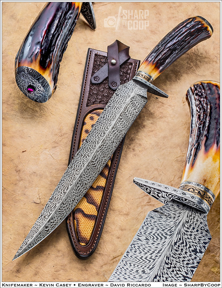 SAmbar Stag handle big feather bowie knife by Kevin Casey