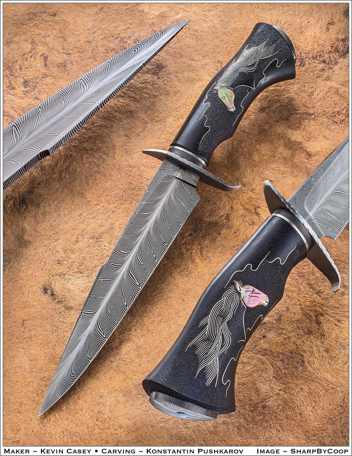 Custom knife with feather damascus blade by Kevin Casey
